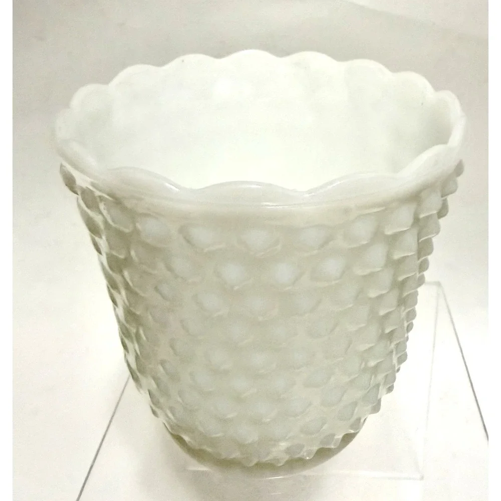Vintage White Milk Glass Planter Scalloped Rim Textured Hobnail Style Unmarked